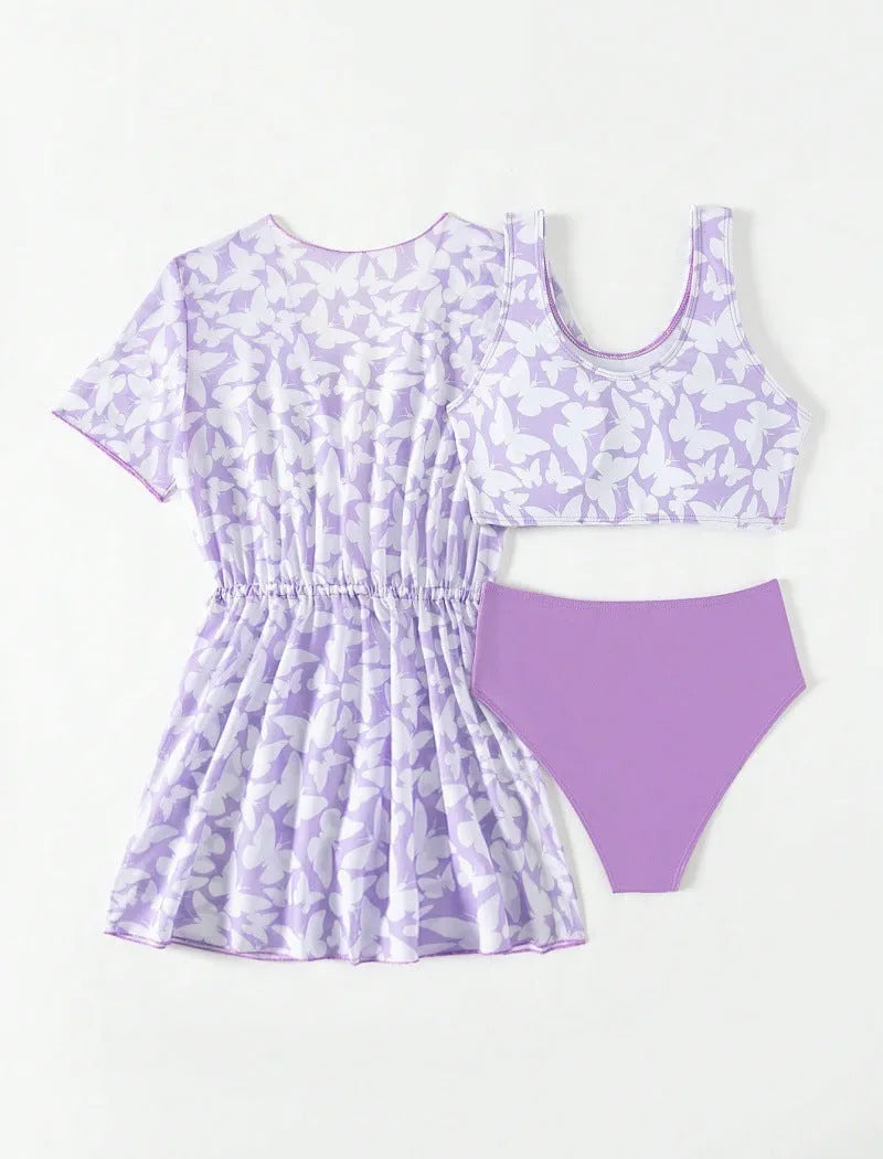 Girls' three piece split swimsuit set in colour 3218, showing coat, vest, and trousers.