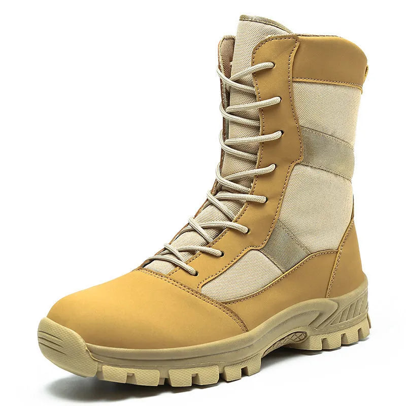 Men's black and camouflage high-top mesh Martin boots with totem pattern and lace-up closure.