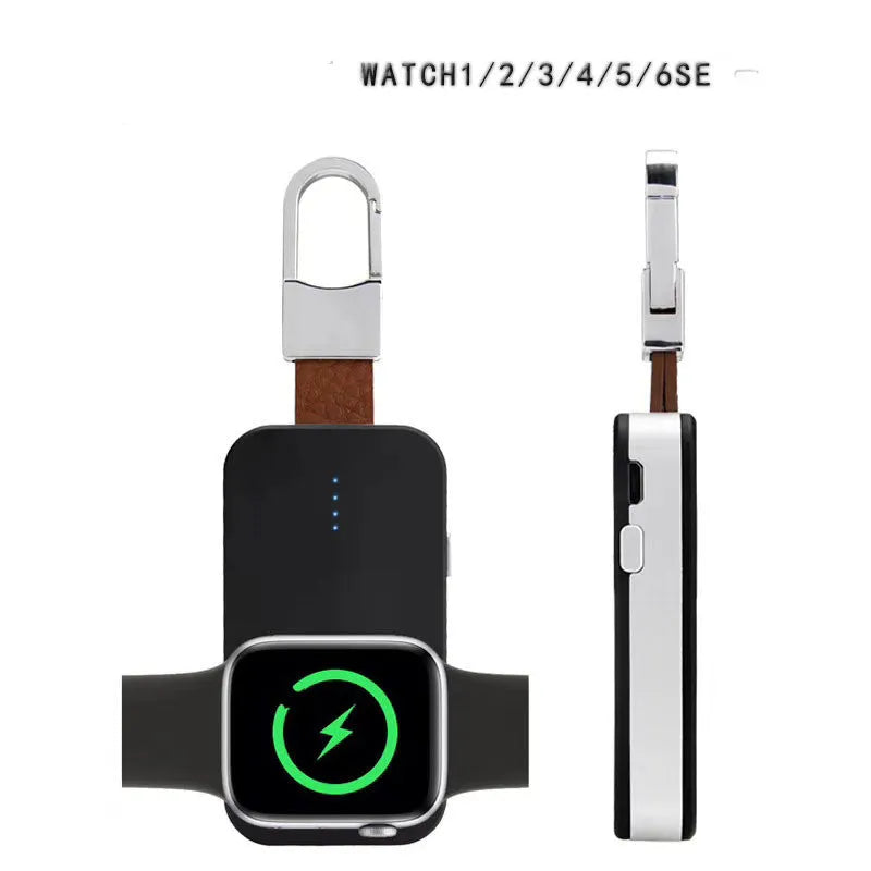 Black ABS keychain wireless power bank for Apple Watch charging on the go.