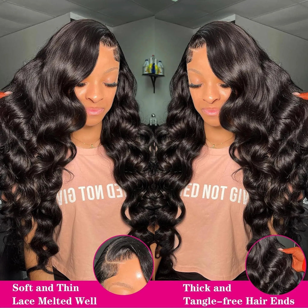 Black synthetic long wave wig with lace front on a mannequin head, showing pre-plucked hairline