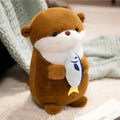 Brown small otter plush doll holding a fish, 30cm height, short plush fabric