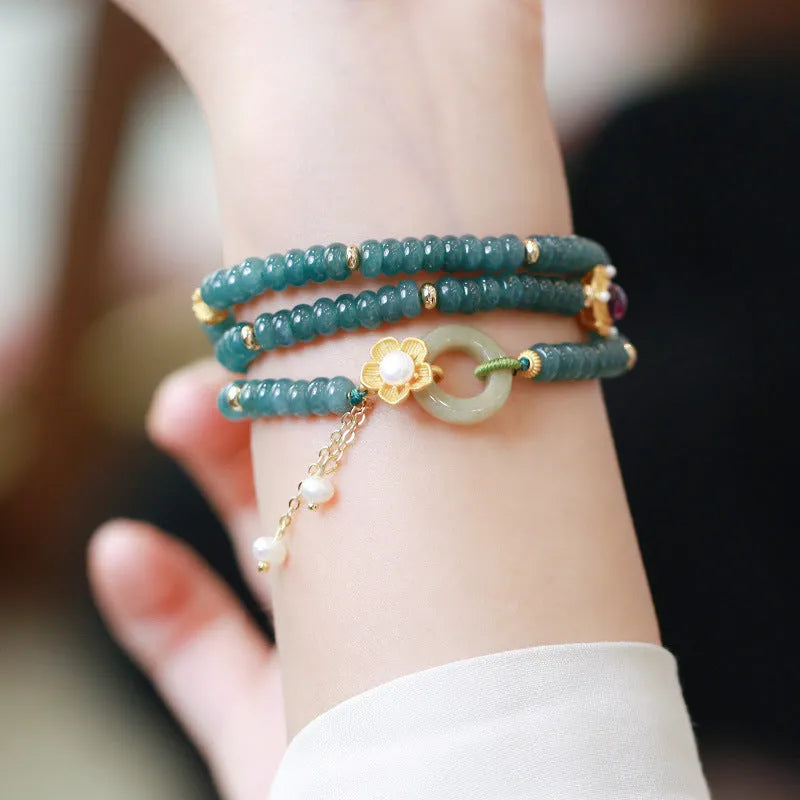 Blue water jade abacus bead bracelet with three rings of tourmaline and freshwater pearls, bead diameter under 4mm