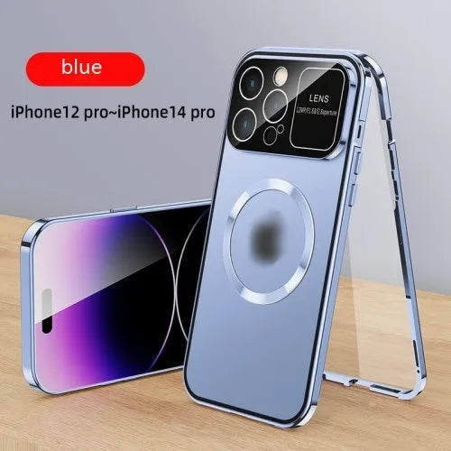 Metal all-inclusive peep-proof phone case with magnetic large window for Apple iPhone 16 series, electroplated finish in black