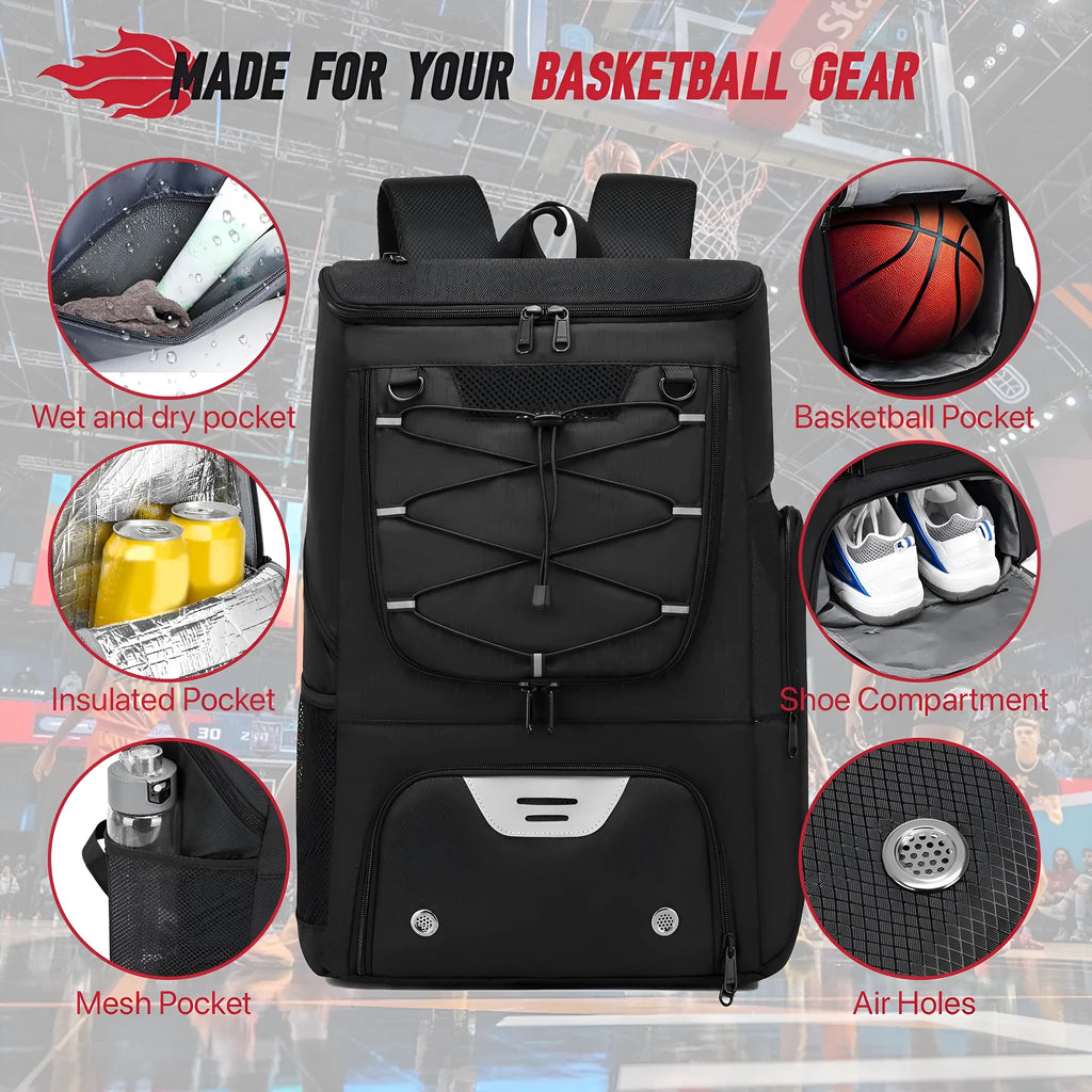 Black Oxford cloth basketball training backpack with large main compartment for sports equipment