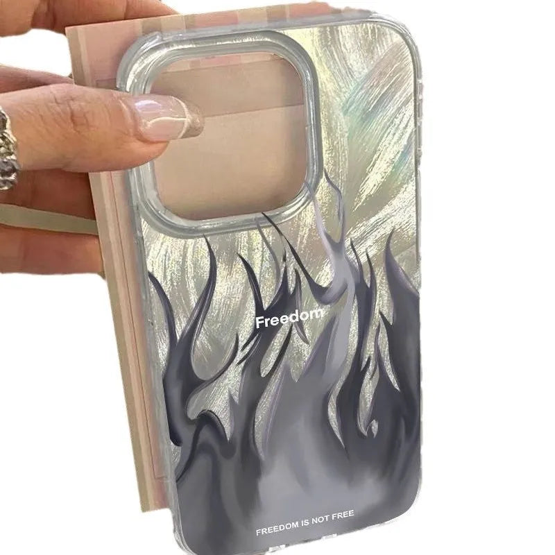 Silicone phone case for Apple iPhone with blue and red flame designs on a black background.