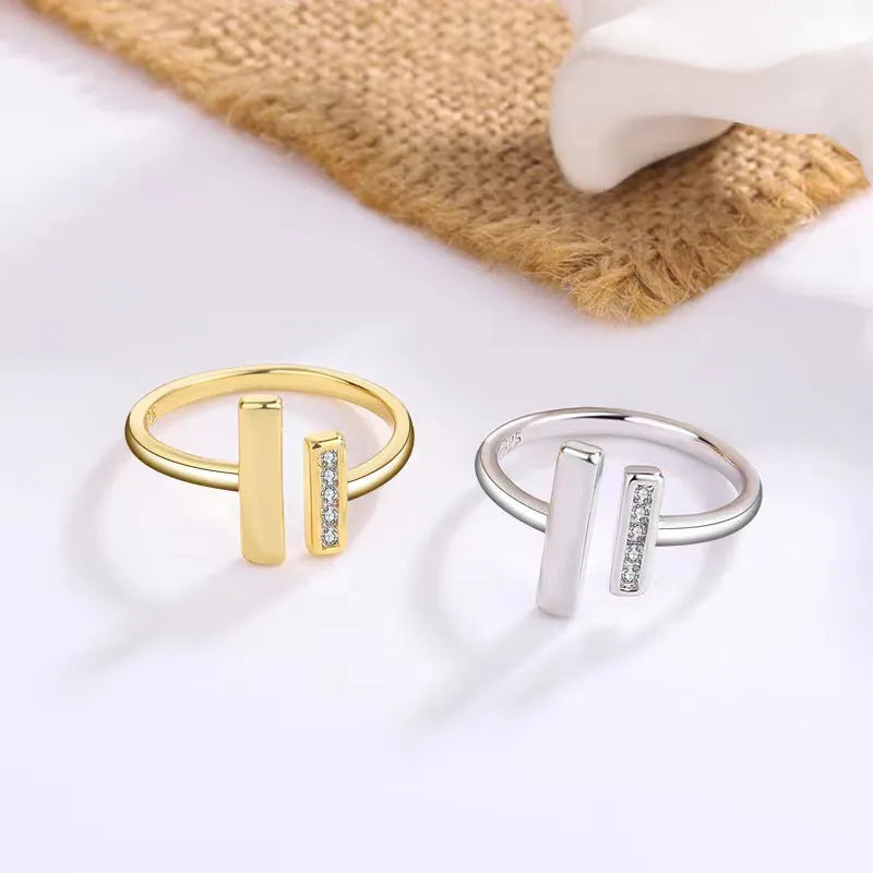 Double T open adjustable ring for women in gold or platinum colour, copper plated minimalist style