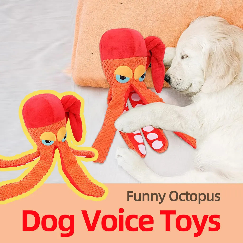 Orange octopus plush dog toy with squeaker measuring 24cm length for interactive play