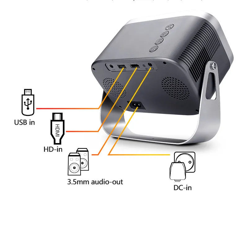 Home HD portable projector with bracket, 1280x720 resolution, and remote control on a table