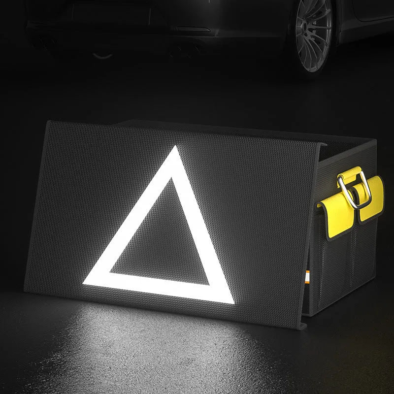 Black and yellow foldable fabric car boot storage organiser bag with handle.