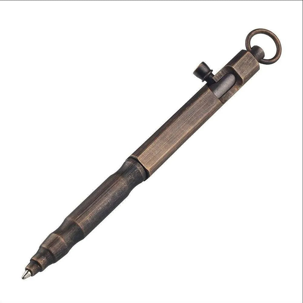 Brass hexagonal bolt-action tactical pen in brass and retro black colours, showing machined details.