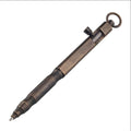 Brass hexagonal bolt-action tactical pen in brass and retro black colours, showing machined details.