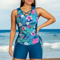 Plus size women's floral print bikini with high-waist briefs in navy blue