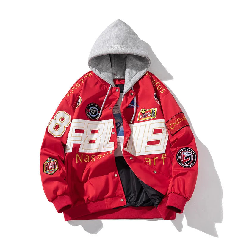 American motorcycle baseball uniform jacket with removable hood options in black red blue colours