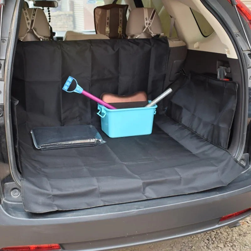 Oxford cloth car pet mat in black with paw print design, flat style, removable dog seat cushion