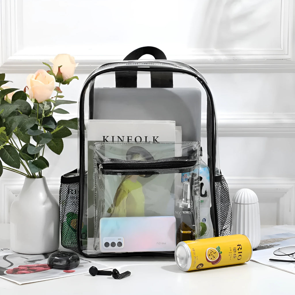 Transparent PVC backpack in multiple colours showing contents visible through clear material