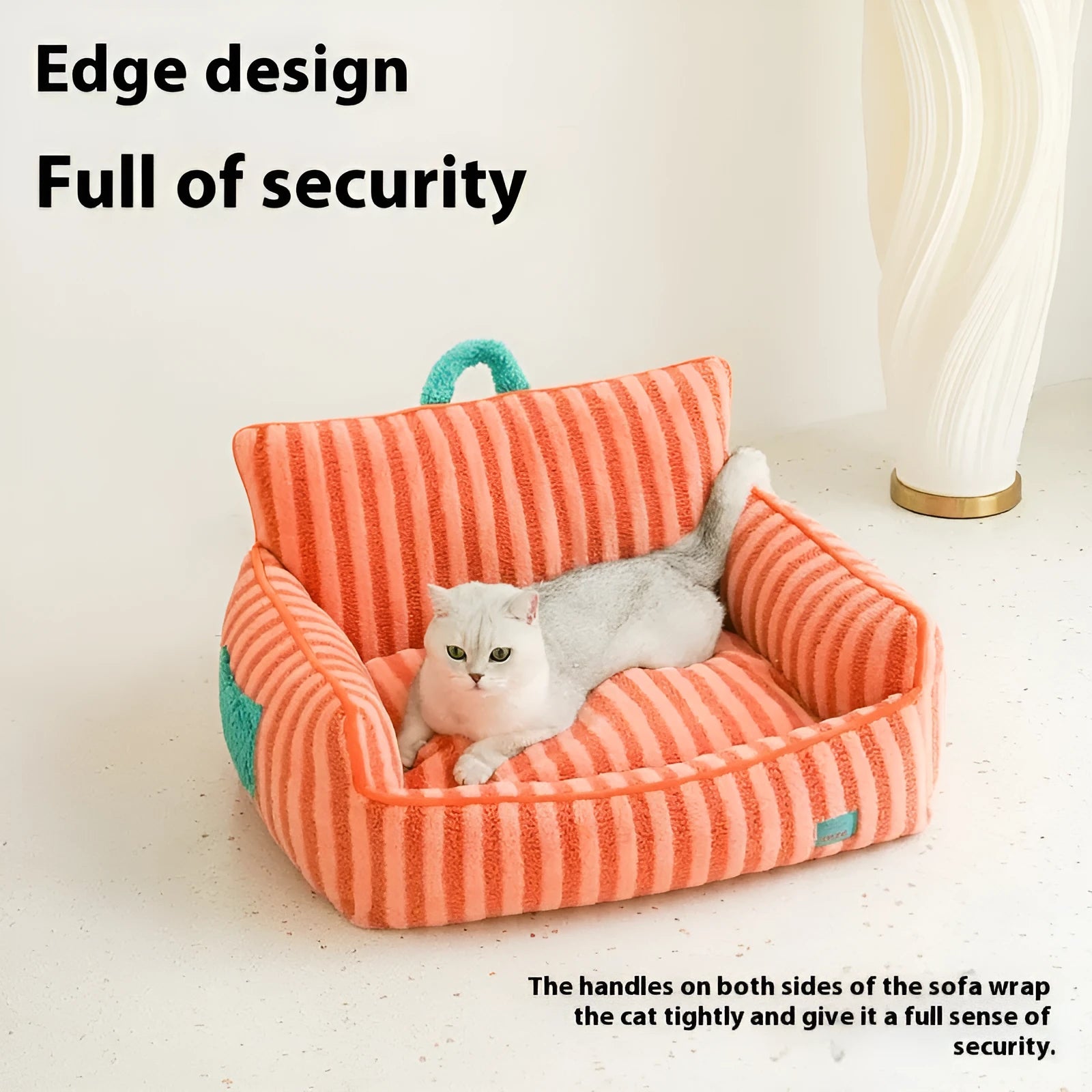 Striped orange soft velvet pet bed with a removable washable cover for dogs.