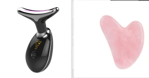 Black silver EMS thermal neck massager with LED lights for facial firming and wrinkle reduction