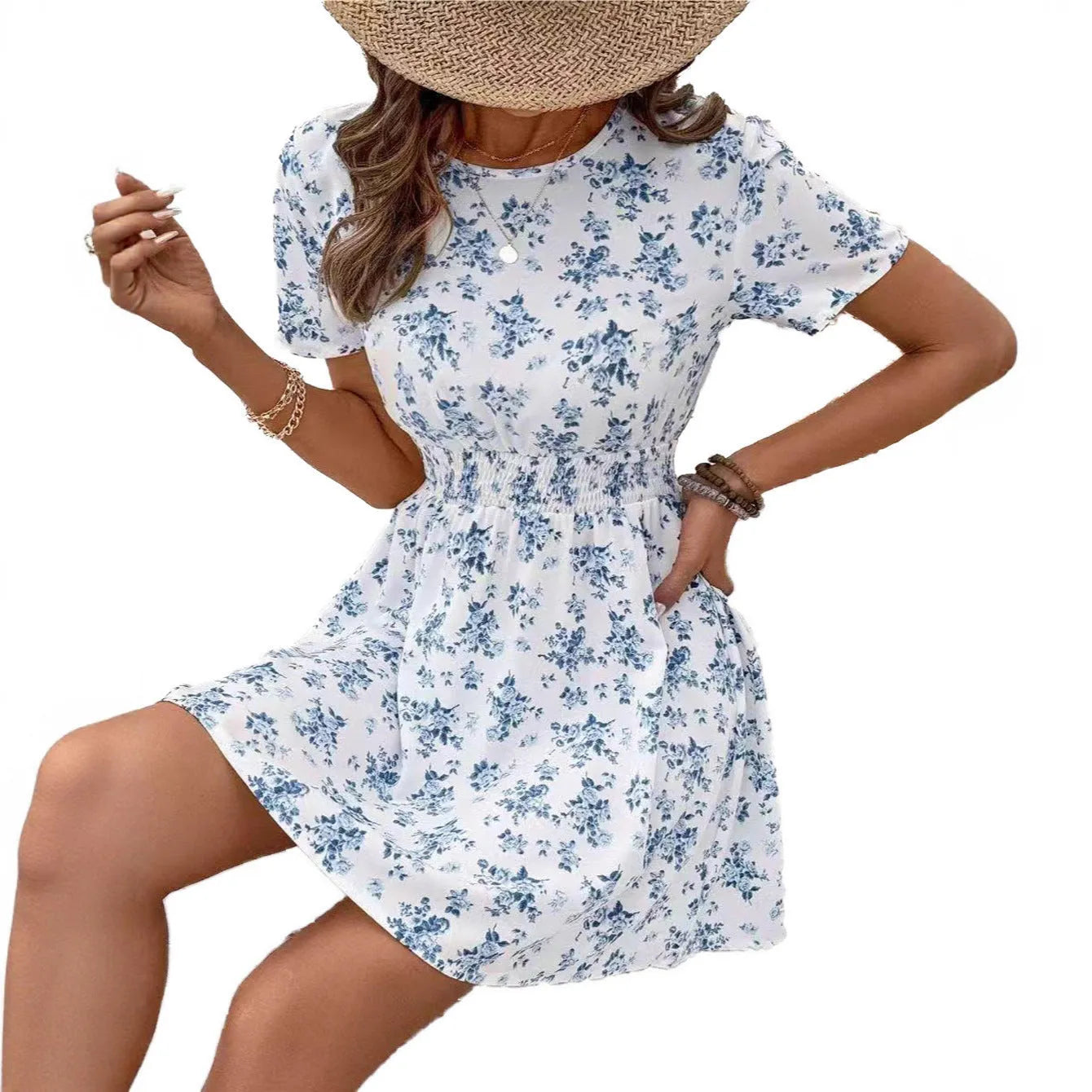 Light blue A-line casual dress with high waist and regular sleeves on a model.