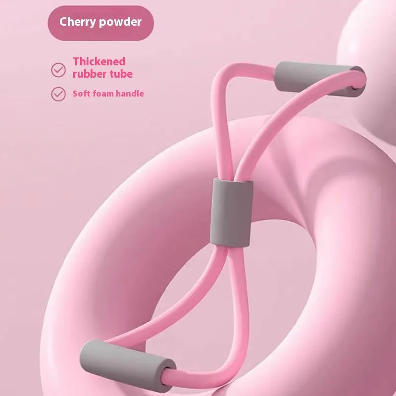 Yoga four piece fitness set showing leg stretcher, yoga ring, pedal device, and resistance ropes.