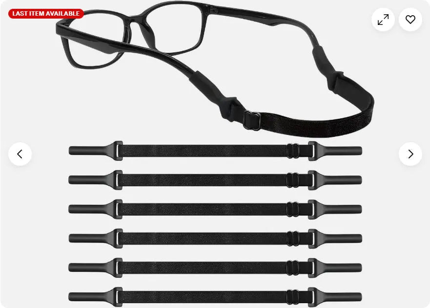 Black adjustable glasses cord with silicone earpiece rope in adult and children's style options