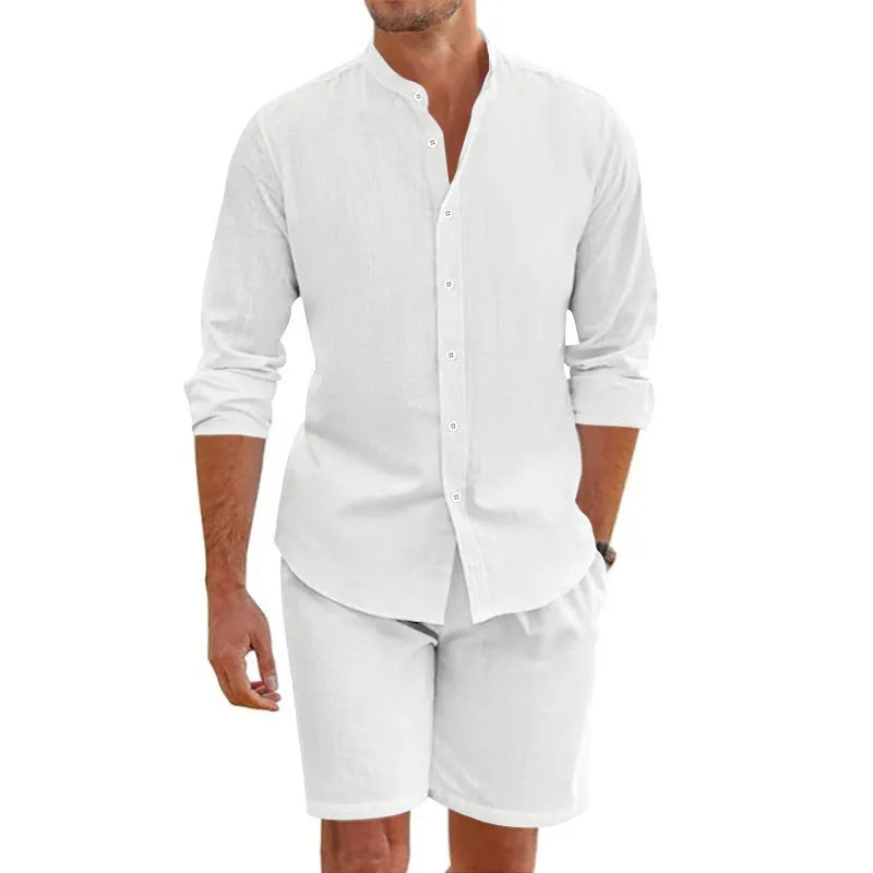 Men's dark grey linen blend short sleeve shirt and matching drawstring shorts set on a hanger.