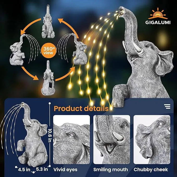 Resin elephant garden statue with integrated LED light strip for outdoor use.