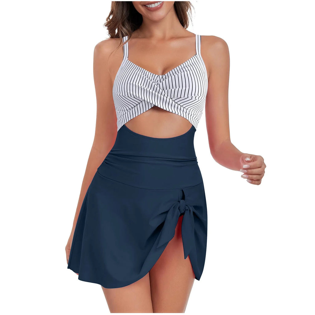 Women's one-piece strap swimsuit in striped grey blue, pink rose red, or white and black.