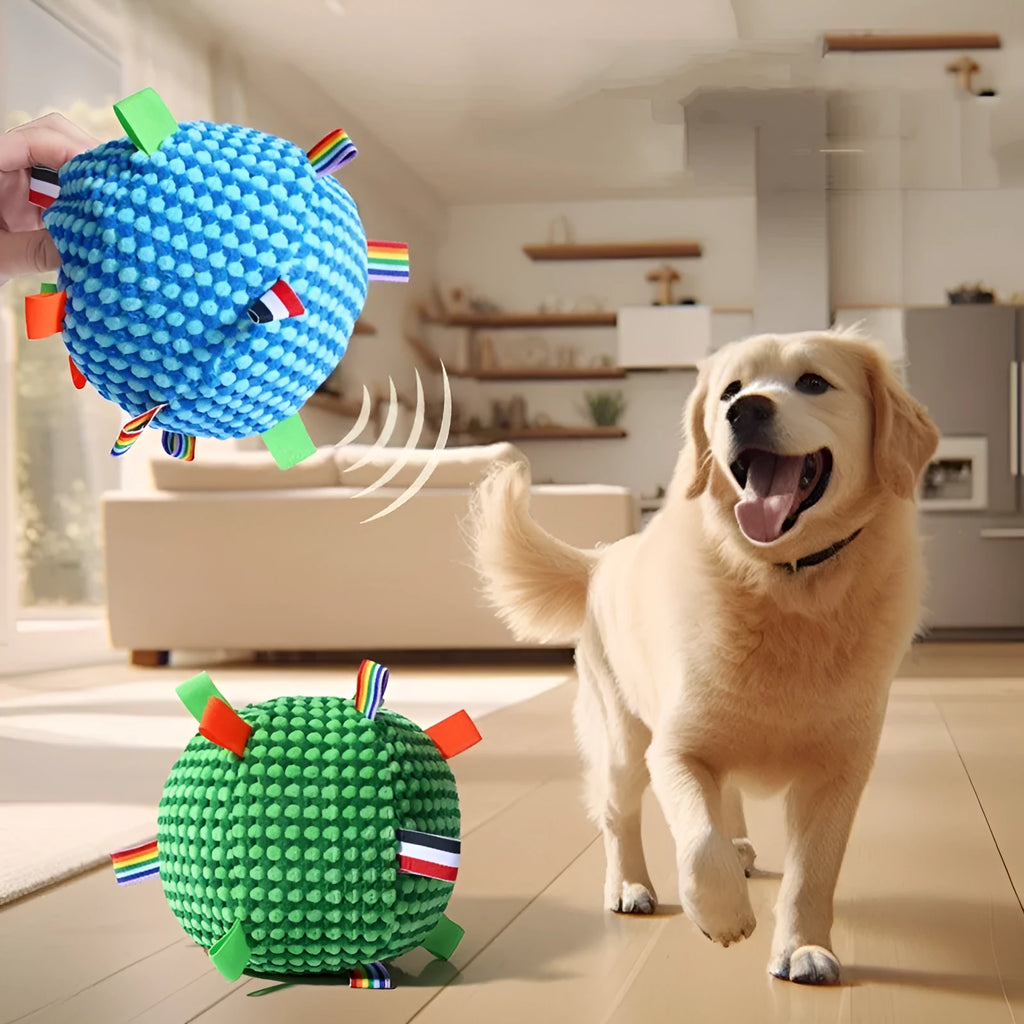 Blue and yellow textured rubber dog ball with holey lattice design, 17cm in diameter, on a wooden floor.