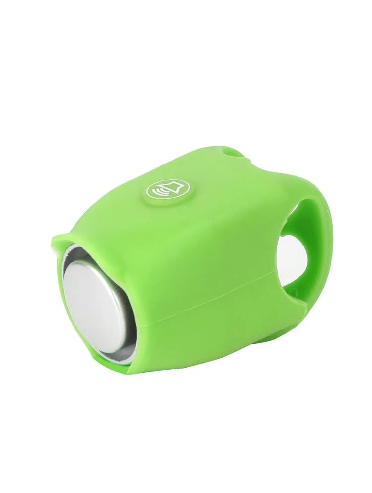 Bicycle electronic horn with plastic casing in multiple colours including black, green, purple on bicycle handlebars