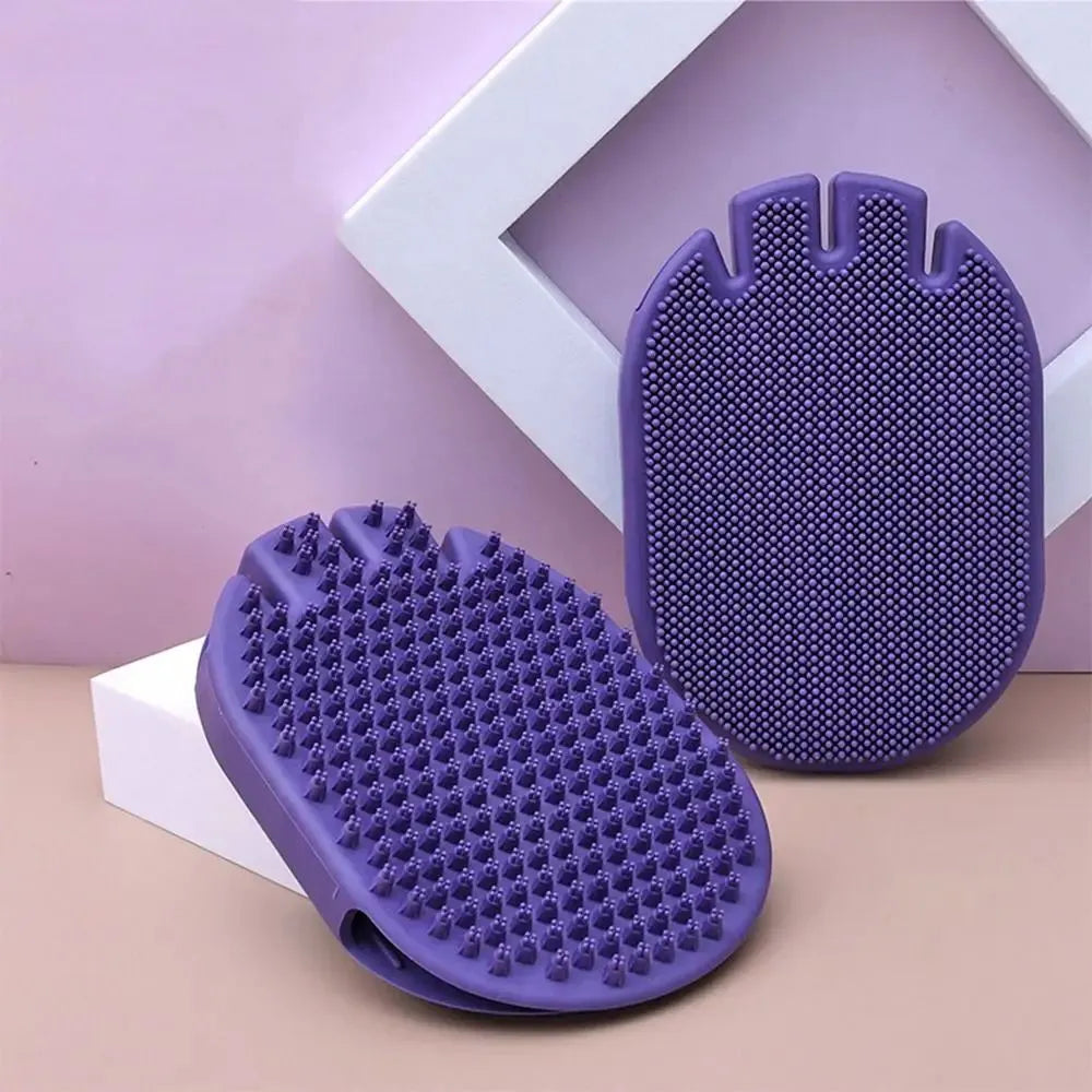 Purple dual-sided pet massage shampoo brush with soft TPR bristles for dog and cat grooming