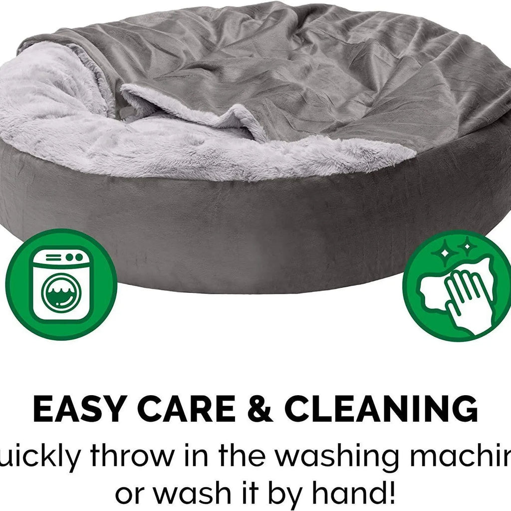 Grey beige teddy pet bed for small to medium dogs on floor