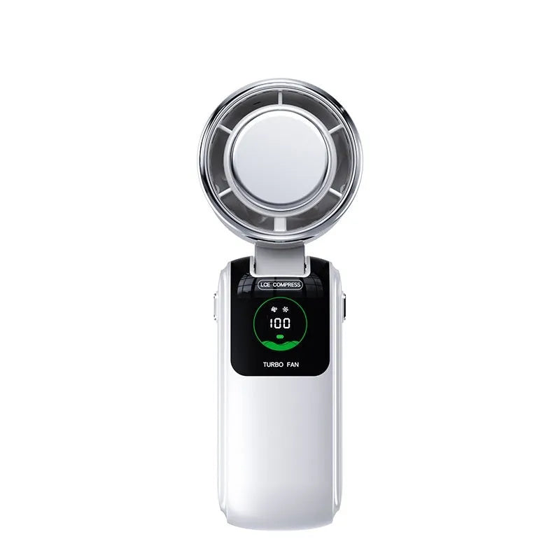 Handheld electric fan with neck strap shown in blue colour, featuring a folding design and USB port.