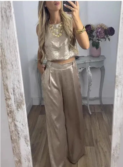 Women's gold polyester sleeveless vest and high-waisted pants casual two-piece set with button detail