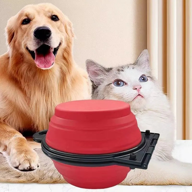 Folding silicone double pet bowl shown in expanded and collapsed positions with anti-slip base