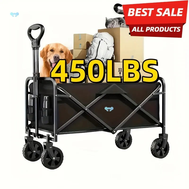 Heavy-duty metal foldable garden wagon cart with integrated storage box, shown collapsed and unfolded.
