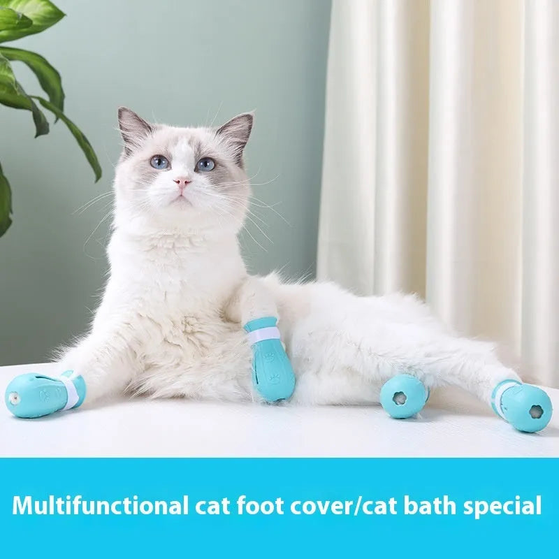 Cat foot cover anti-scratch rubber booties in light blue for pet grooming protection