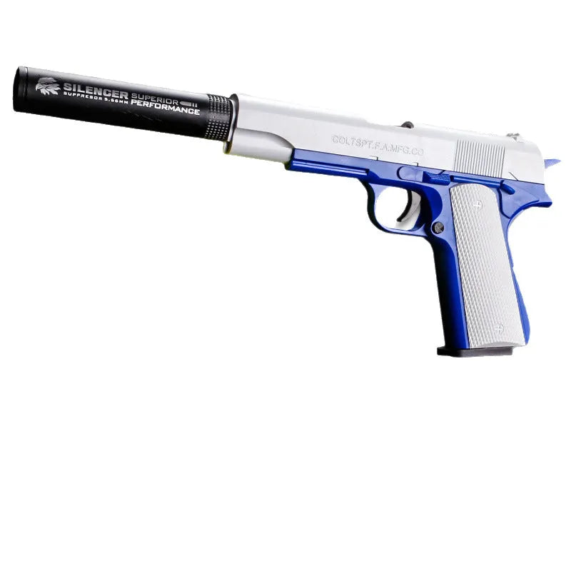 Children's plastic M1911 soft bullet gun toy in blue and white colour with throw shell feature
