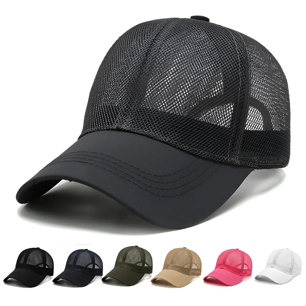 Breathable mesh flat cap for adults in silk and satin with embroidered stitching and short curling brim.