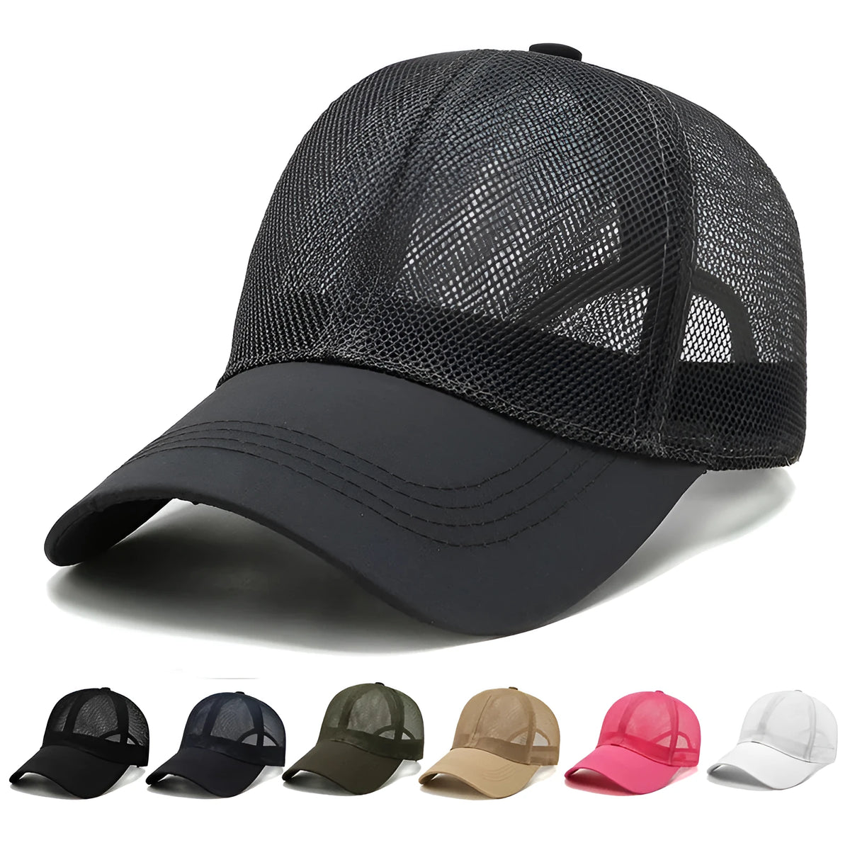 Breathable mesh flat cap for adults in silk and satin with embroidered stitching and short curling brim.
