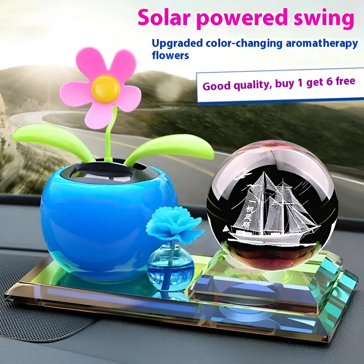 Glass car perfume ornament with crystal carving, cartoon style, in blue or red, including clock, apple, and shaking head monk designs.