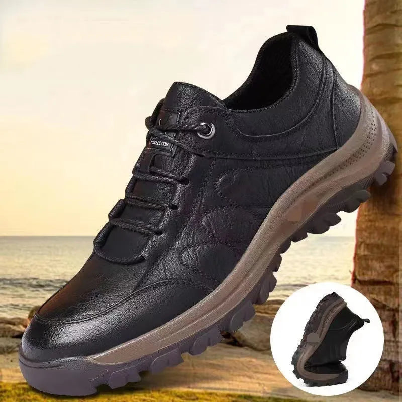 Plus size men's outdoor shoes in black or brown with artificial PU upper, rubber sole, and front lace-up, sizes 39-48