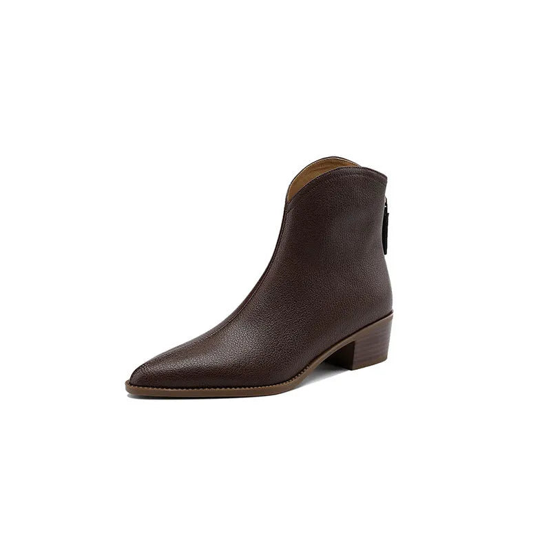 Women's solid colour ankle boots in black with pigskin split leather upper, mid heel, pointed toe, and back zipper.