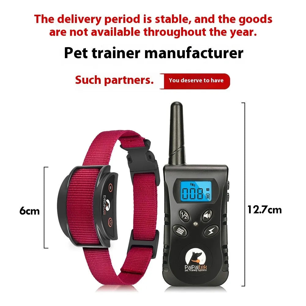 Red remote control dog trainer with bark arrester, nylon collar strap, and USB charging cable on white background