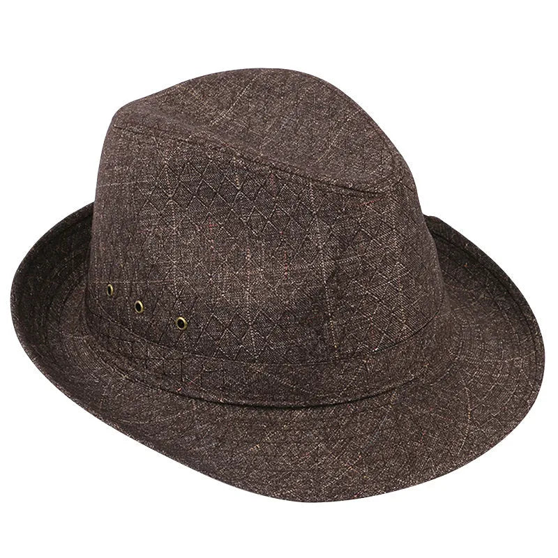 Classic brown fedora hat with pinched crown and 6cm brim, shown on a wooden table.