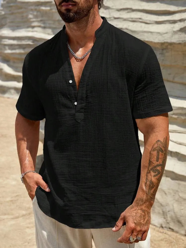 Men's solid colour short-sleeved casual shirt with a stand collar, shown in a light blue colour.