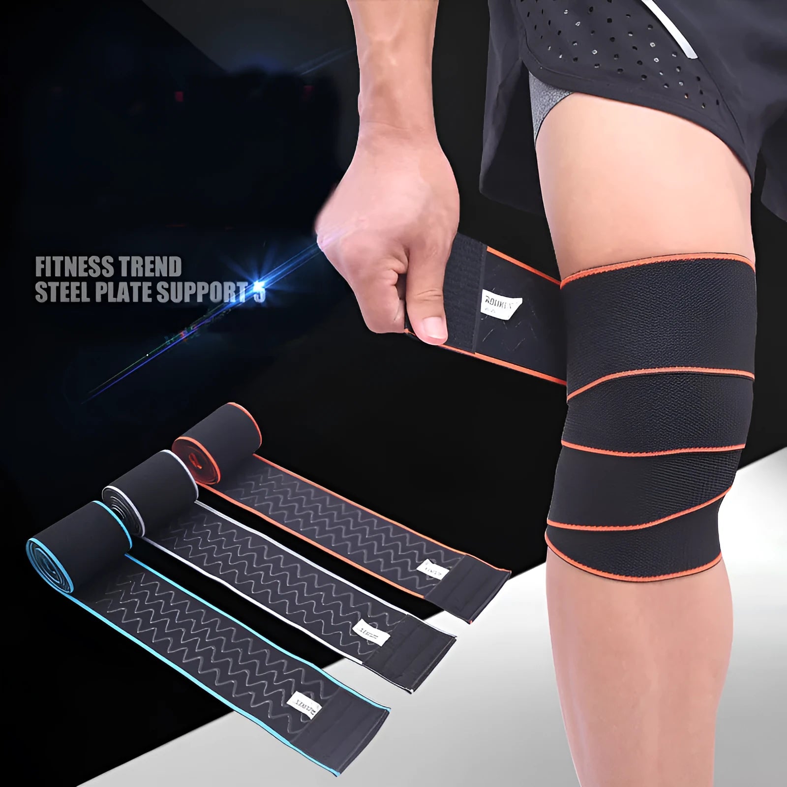 Aolikes orange lifting knee wrap with velcro fastening stretched out for squats