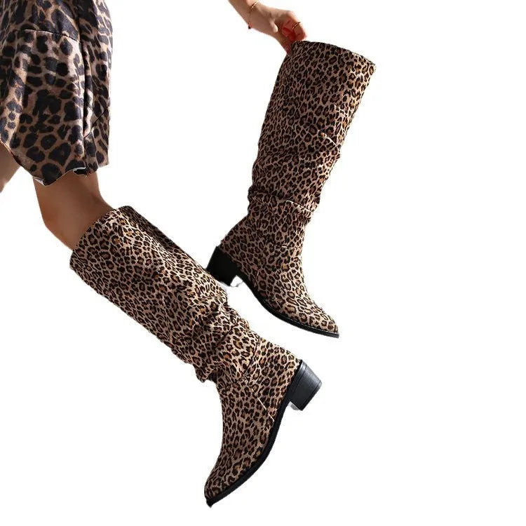 Brown leopard print women's ankle boots with square toe and chunky mid-height heel