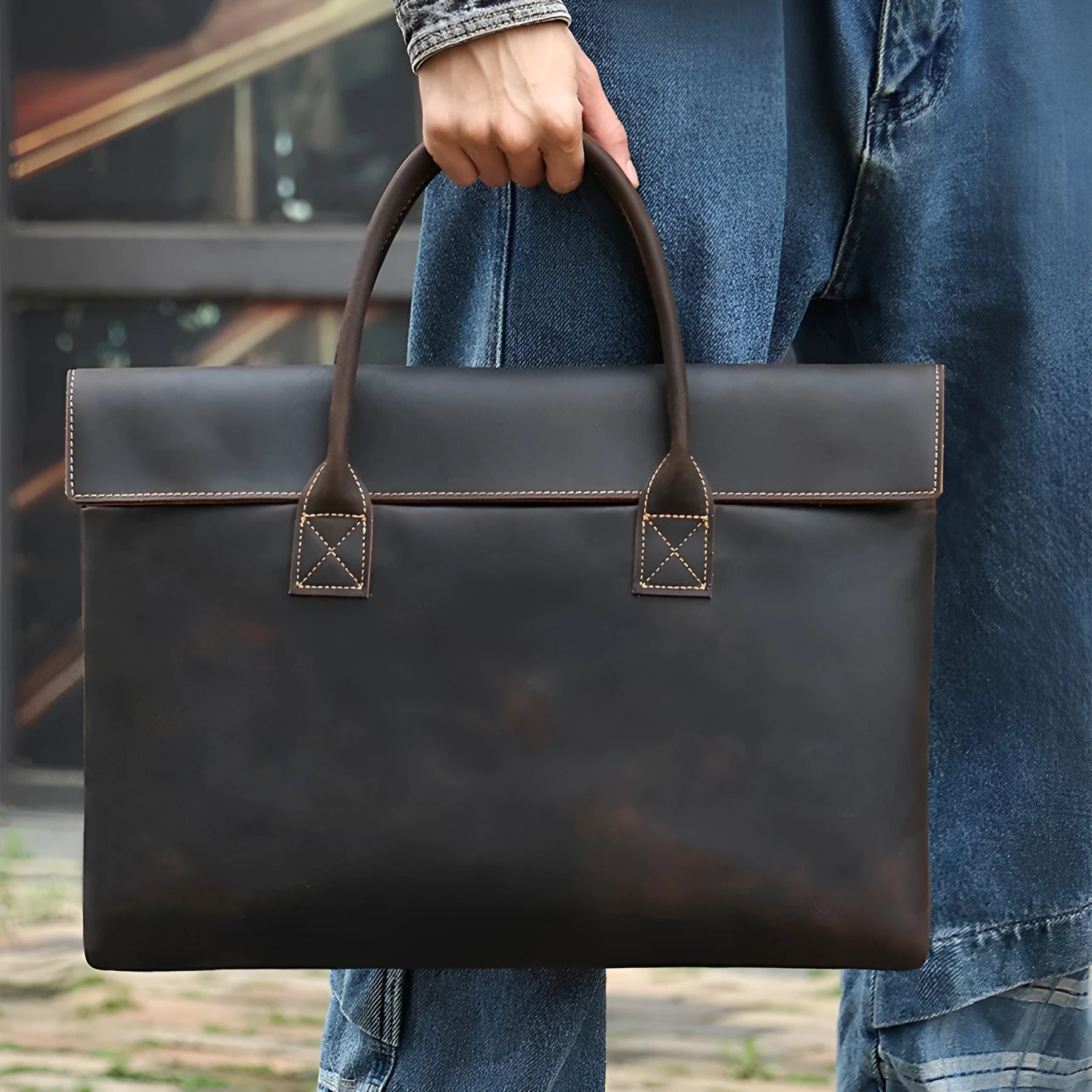 Genuine crazy horse leather men's handbag in coffee colour thin profile