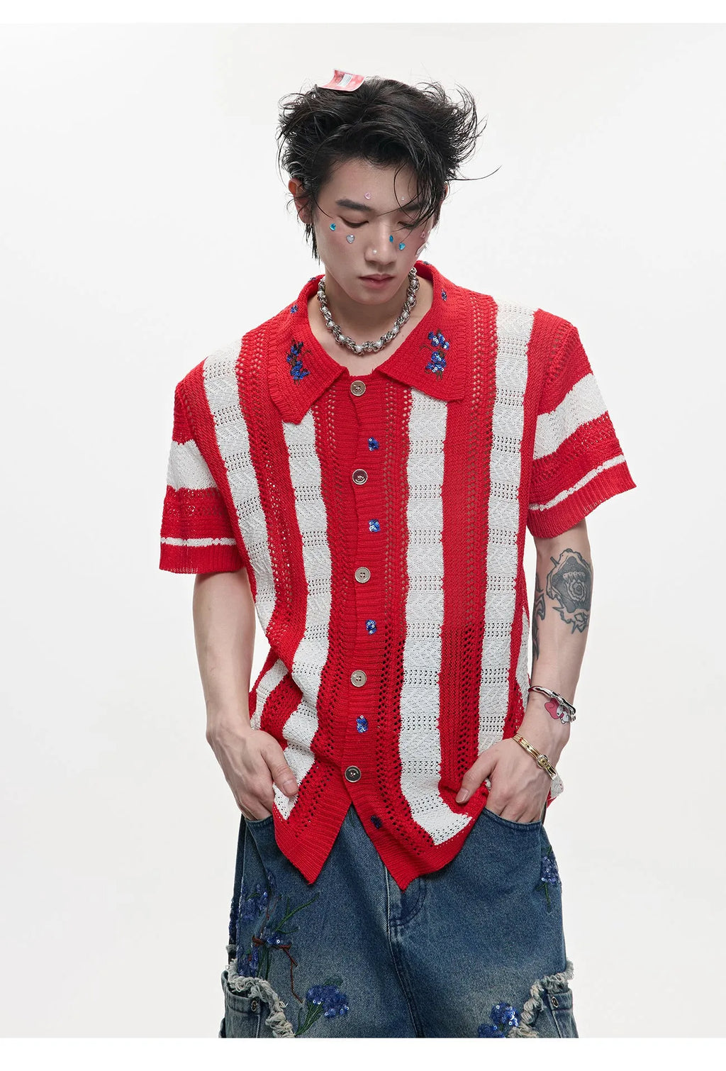 Men's black and red patchwork striped knitted short sleeved shirt with button front and loose fit