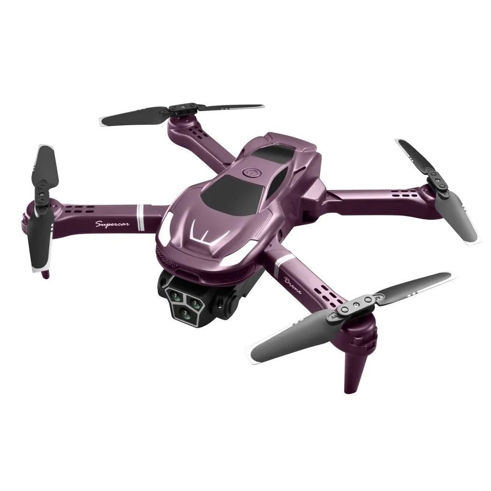 Black aerial photography drone with three cameras and HD remote control on display